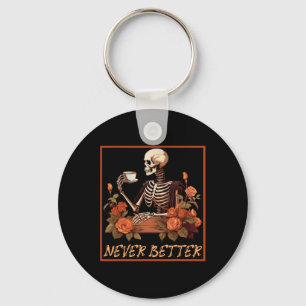 Spooky Skeleton With Coffee And Flowers Halloween Key Ring