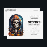 Spooky Skeleton with Evil Pumpkins Birthday Invitation Postcard<br><div class="desc">Birthday invitation postcard with an illustration of a skeleton wearing a hooded jacket with an orange witch's hat on top. Surrounded by cute and spooky pumpkins. A glowing moon in the back with a single bat flying nearby. Fun autumn Halloween design or for death themed gifts parties or business.</div>