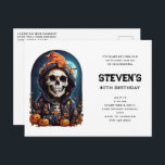 Spooky Skeleton with Evil Pumpkins Birthday Invitation Postcard<br><div class="desc">Birthday invitation postcard with an illustration of a skeleton wearing a hooded jacket with an orange witch's hat on top. Surrounded by cute and spooky pumpkins. A glowing moon in the back with a single bat flying nearby. Fun autumn Halloween design or for death themed gifts parties or business.</div>