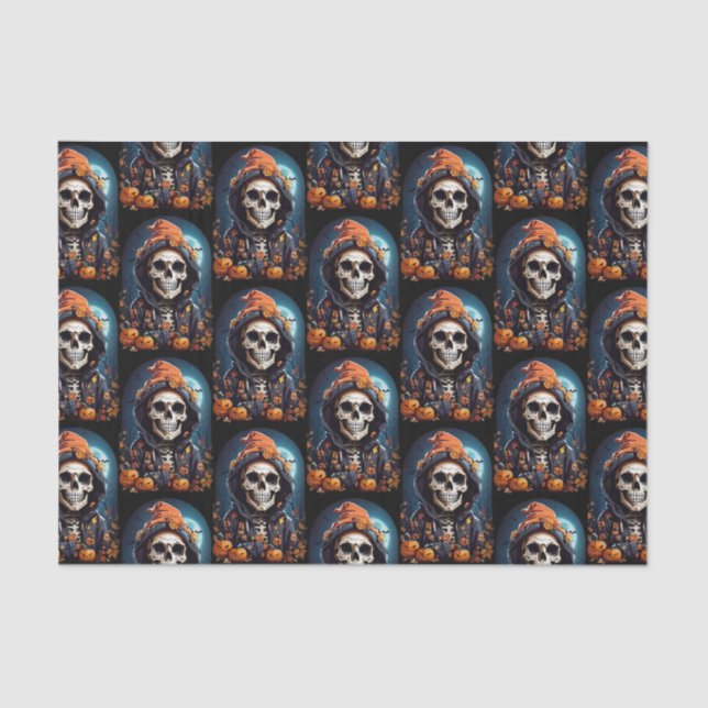 Spooky Skeleton with Evil Pumpkins Pattern Tissue Paper (Front)