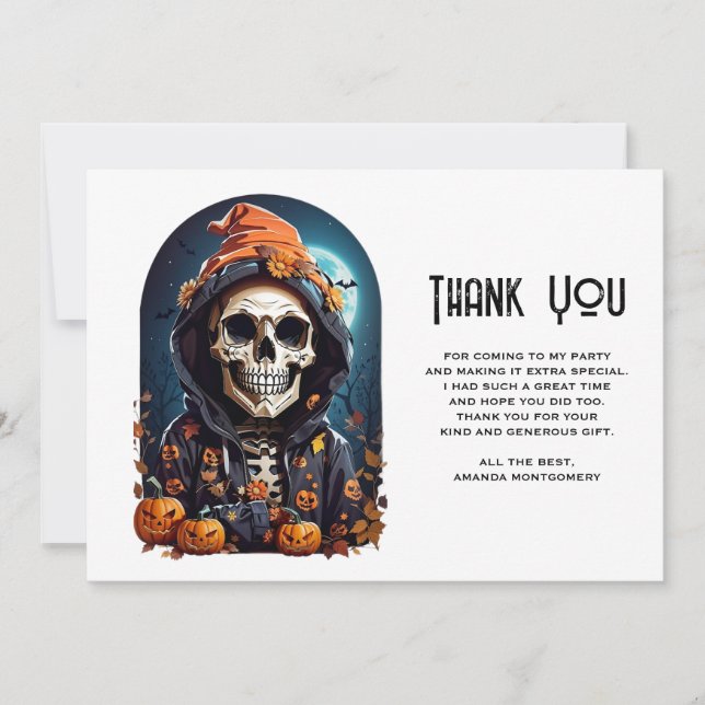 Spooky Skeleton with Evil Pumpkins Thank You Card (Front)