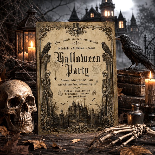 Spooky Skeletons Ravens Haunted House Halloween Invitation (Creator Uploaded)