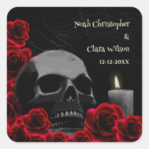 Spooky Skull and Red Roses Gothic Halloween Weddin Square Sticker
