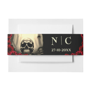 Spooky Skull and Red Roses Halloween Wedding Belly Invitation Belly Band