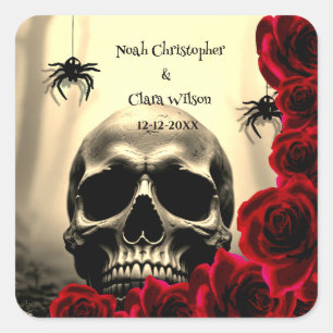 Spooky Skull Black Red Roses Gothic Halloween Square Sticker