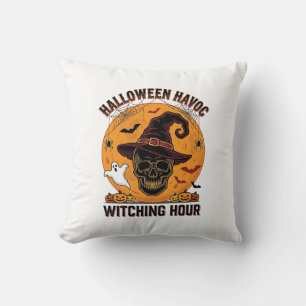 Spooky Skull Moon Vintage Halloween Witch Hat Desi Cushion