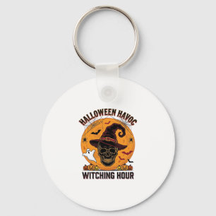 Spooky Skull Moon Vintage Halloween Witch Hat Desi Key Ring