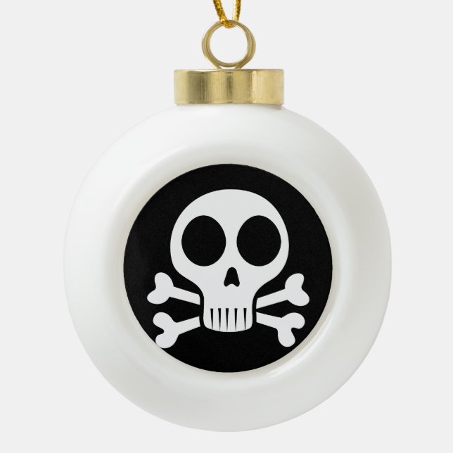 spooky skull on a black background ceramic ball christmas ornament (Front)