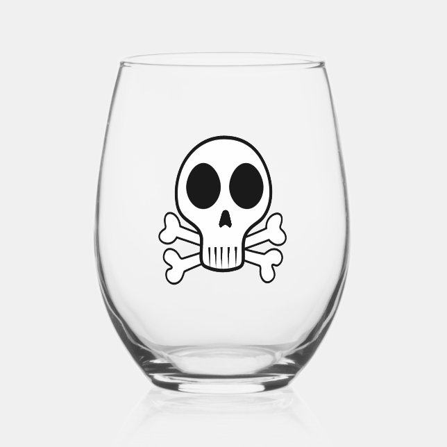 spooky skull on a black background stemless wine glass (Front)