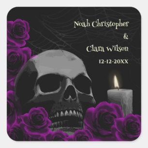 Spooky Skull Purple Roses Gothic Halloween Weddin Square Sticker