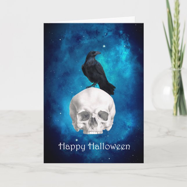 Spooky Skull Raven Happy Halloween Card (Front)