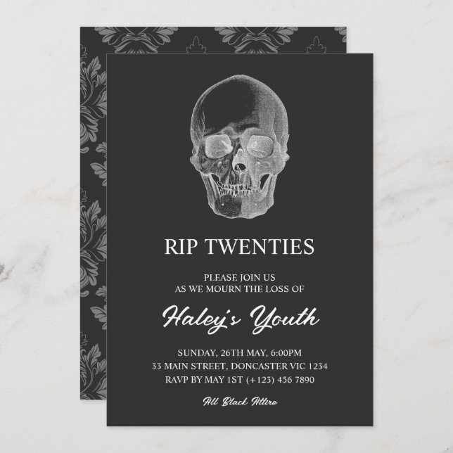 Spooky Skull RIP Twenties 20s Funny 30th Birthday Invitation (Front/Back)