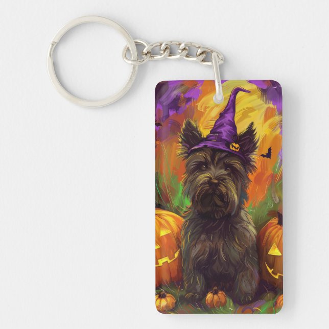 Spooky Skye Terrier Dog Halloween Witch Pumpkin Key Ring (Front)