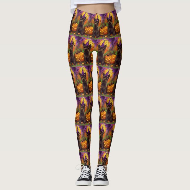 Spooky Skye Terrier Dog Halloween Witch Pumpkin Leggings (Front)