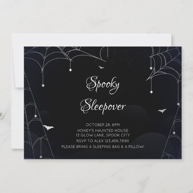 Spooky Sleepover Cobwebs Black Halloween Invitation (Front)