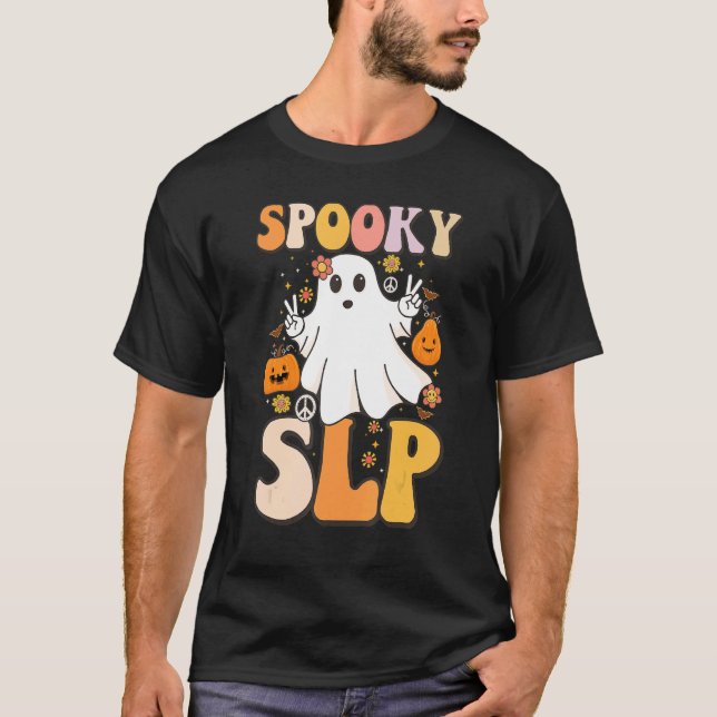 Spooky SLP Groovy Halloween Speech Language Pathol T-Shirt (Front)