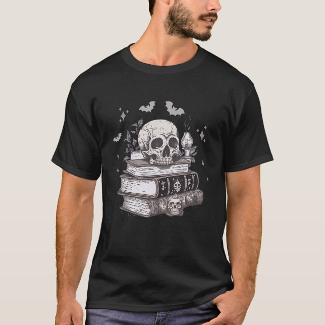 Spooky Spell Books Retro Skull Halloween Book Love T-Shirt (Front)
