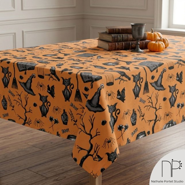 Spooky Spellbinding Halloween Tablecloth (Hand drawn witchy Halloween birthday tablecloth with magical spellbook and pumpkin ink art)