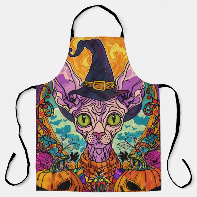 Spooky Sphynx Cat Halloween Witch And Pumpkin Apron (Front)