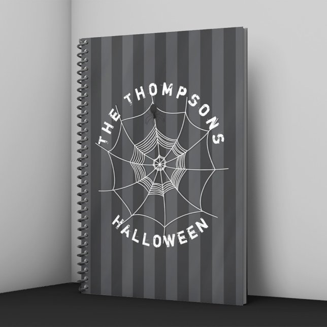 Spooky Spider in Spider Web Notebook (Personalized Halloween notebook with spider web and spider on dark striped background.)