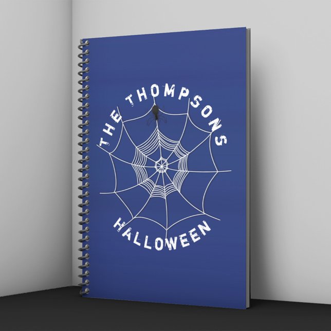 Spooky Spider in Spider Web Notebook (Blue Halloween notebook with spider web and spider design personalized with name.)