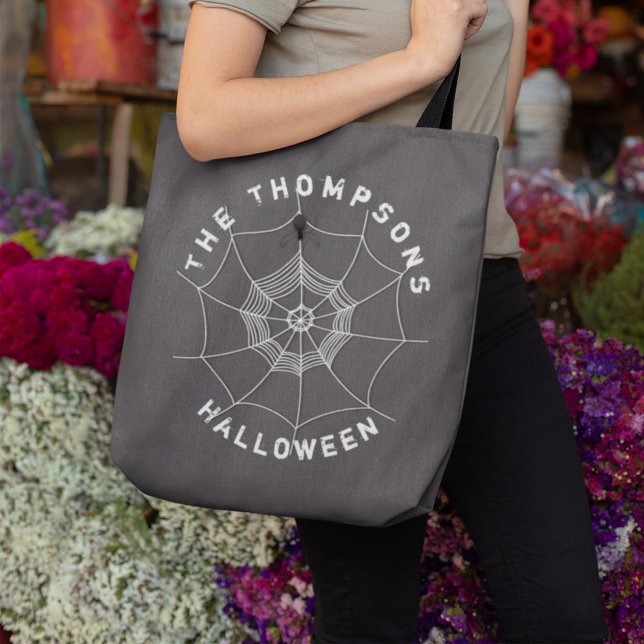Spooky Spider in Spider Web Personalised Tote Bag (Personalized spider web Halloween tote bag with custom family name and spooky spider design.)