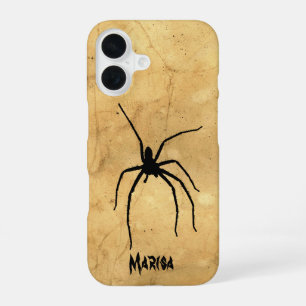 Spooky Spider on Tan Grunge Background iPhone 16 Case