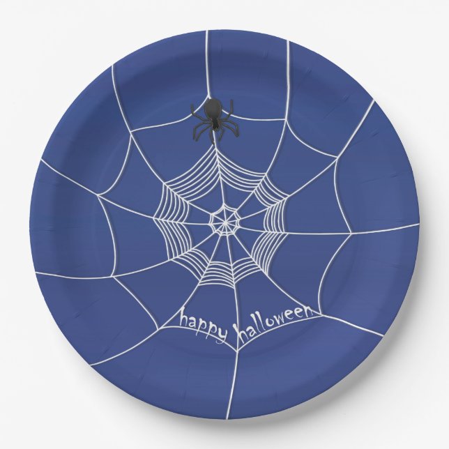 Spooky Spider spinning Happy Halloween Web Paper Plate (Front)