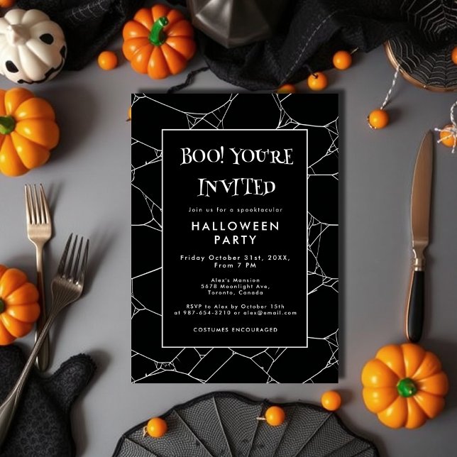 Spooky Spider Web Black & White Halloween Party  Invitation (Creator Uploaded)