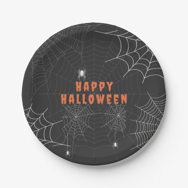 Spooky Spider Web Happy Halloween Party Paper Plate (Front)