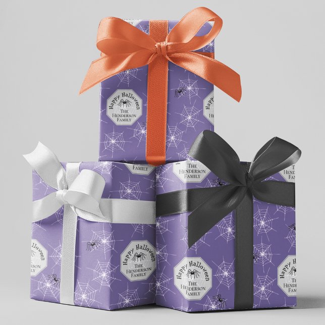 Spooky Spiders Halloween Family Name Wrapping Paper (Custom Creepy Spiderwebs & Spiders on a Purple Background. Personalize with your Family Name.)
