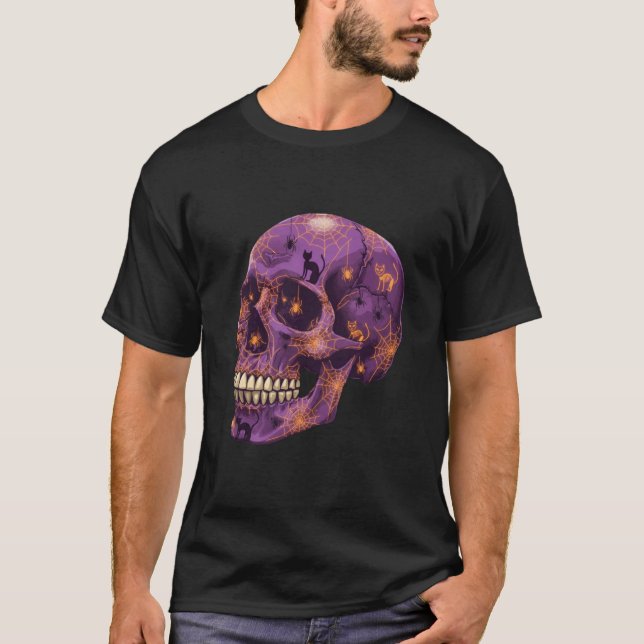 Spooky Spiderweb Skull - Halloween Vibes T-Shirt (Front)