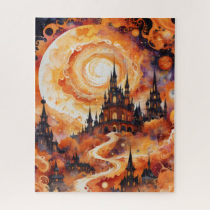 Spooky Spiral Castle - Halloween Orange Jigsaw Puzzle