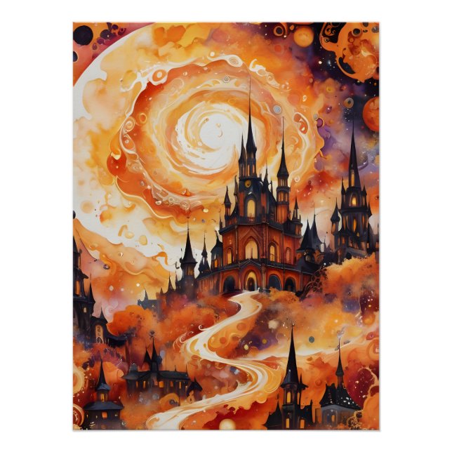 Spooky Spiral Castle - Halloween Orange Poster (Front)