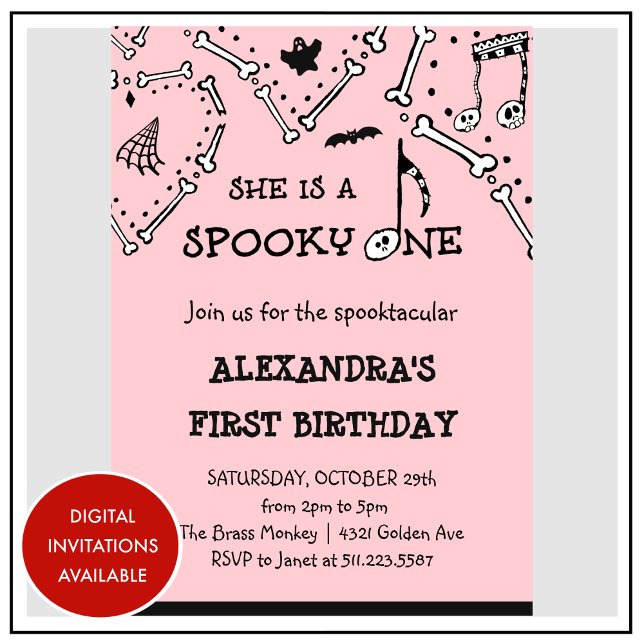  Spooky Spooktacular Skull Halloween 1st birthday Invitation (Halloween-1st-birthday-Invitation-Spooky-Spooktacular-Skull-pink-1)