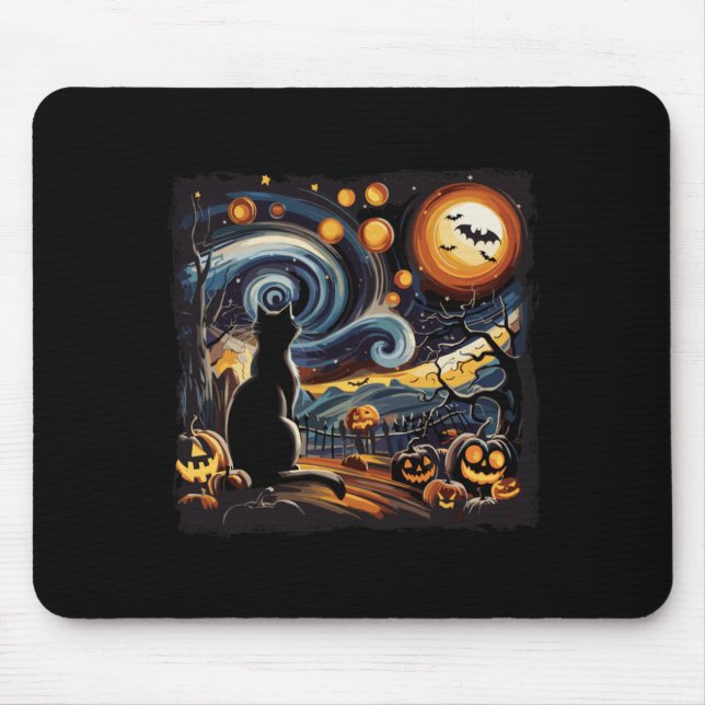 Spooky Starry Art Night Sky Art Black Cat Pumpkin Mouse Pad (Front)