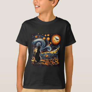 Spooky Starry Art Night Sky Art Black Cat Pumpkin T-Shirt
