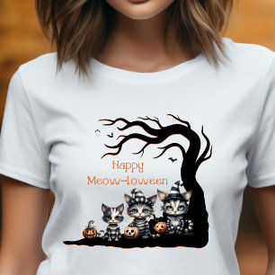 Spooky Striped Halloween Ghost Cat with Kittens  T-Shirt