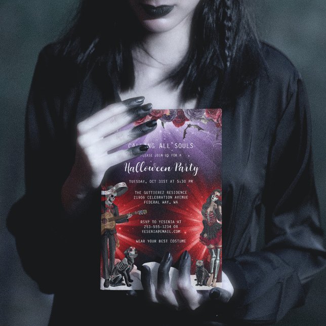 Spooky Sugar Skull Halloween Party Invitation (Day of the Dead Halloween Party Invitation)