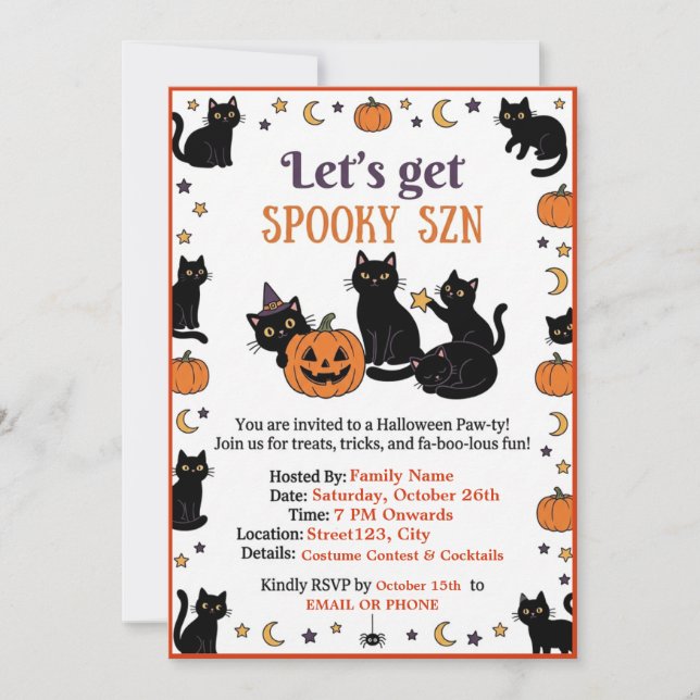 Spooky SZN Cute Black Cat Halloween Invite (Front)