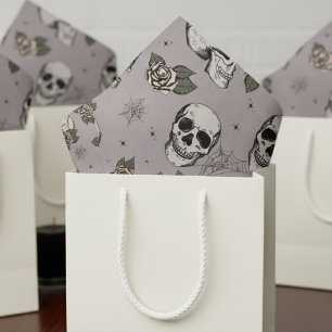 Spooky Taupe Grey Floral Small Skull Halloween Tissue Paper