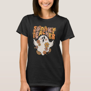 Spooky Teacher Groovy Ghost With Vintage Flowers T-Shirt
