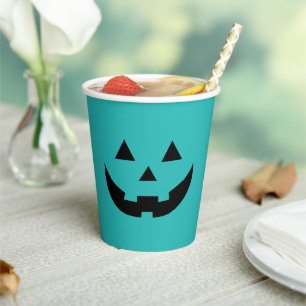 Spooky teal Jack o lantern pumpkin Halloween Paper Cups