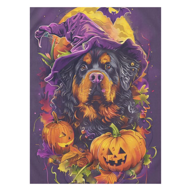 Spooky Tibetan Mastiff Dog Halloween Witch Pumpkin Tablecloth (Front)