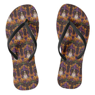 Spooky Tibetan Spaniel Dog Halloween Witch Pumpkin Jandals
