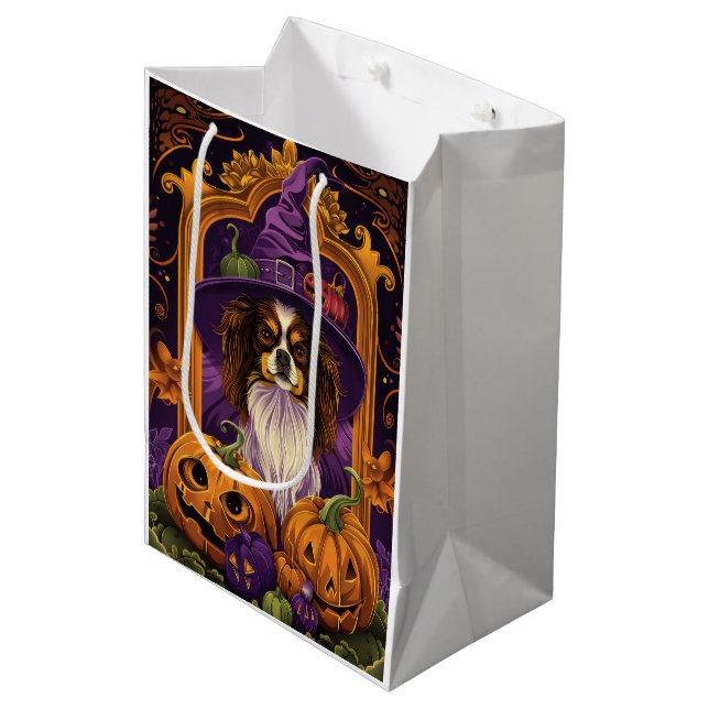 Spooky Tibetan Spaniel Dog Halloween Witch Pumpkin Medium Gift Bag (Front Angled)