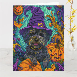 Spooky Tibetan Terrier Dog Halloween Witch Pumpkin Card