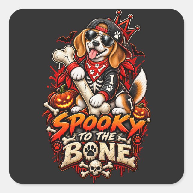 Spooky To The Bone Beagle Halloween Funny Skeleton Square Sticker (Front)