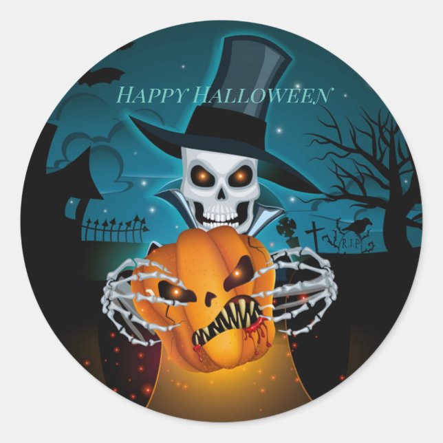 Spooky Top Hat Skeleton Classic Round Sticker (Front)