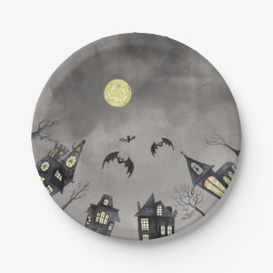 Spooky town watercolour Halloween  Paper Plate